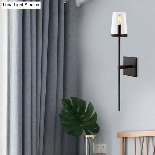 Clear Glass & White Fabric Wall Sconce With Vintage Tapered Design Black/Brass Bar - 1 Bulb Mounted