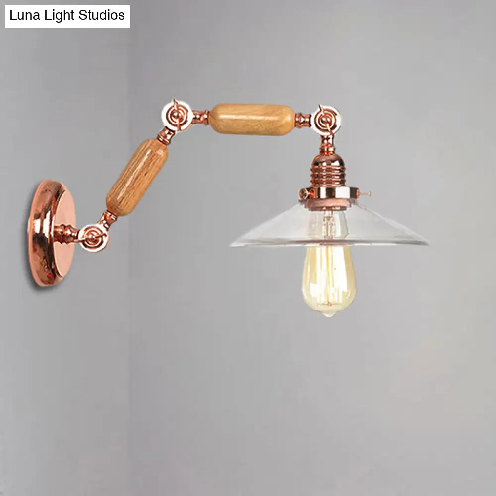 Clear Glass Wood Sconce Light: Industrial Wall Lamp With Extendable Arm - 1-Light Fixture