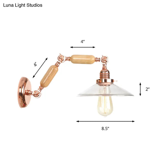 Clear Glass Wood Sconce Light: Industrial Wall Lamp With Extendable Arm - 1-Light Fixture