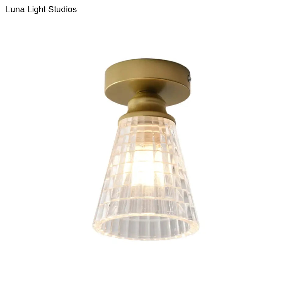 Clear Lattice Glass Cone Flushmount Lighting: Modern Brass Flush Mount Lamp