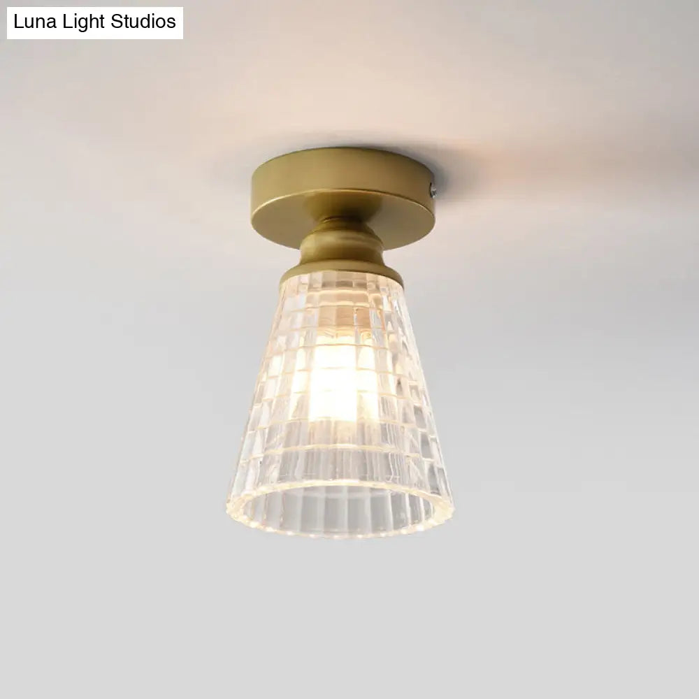 Clear Lattice Glass Cone Flushmount Lighting: Modern Brass Flush Mount Lamp