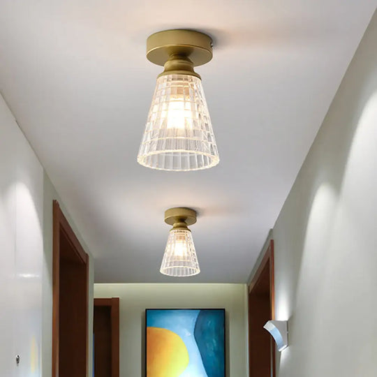 Clear Lattice Glass Cone Flushmount Lighting: Modern Brass Flush Mount Lamp