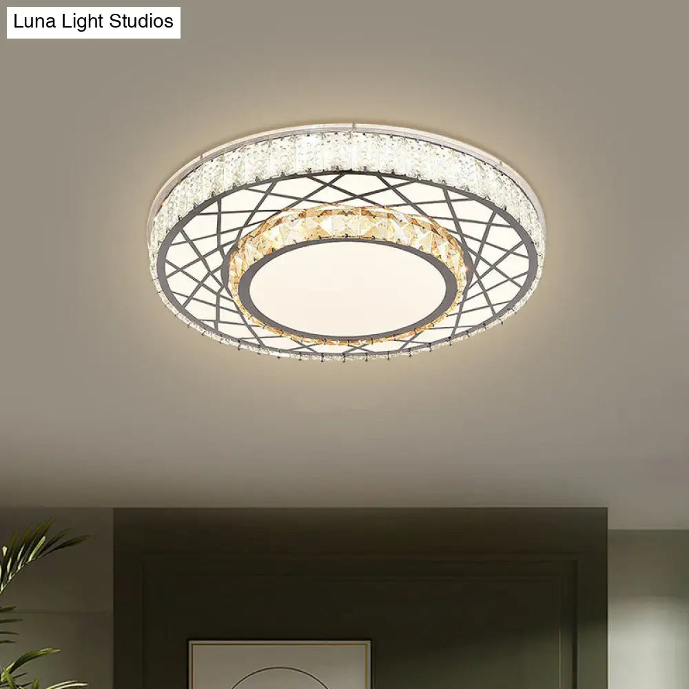 Clear Led Crystal Block Light Fixture - Modern Round Stainless-Steel Flush Mount For Great Room / A