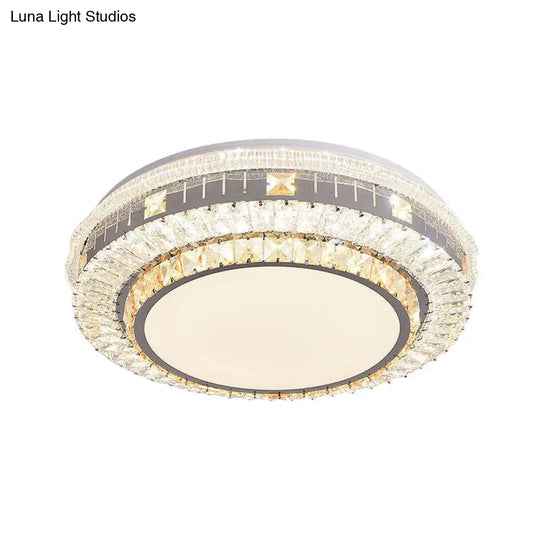 Clear Led Crystal Block Light Fixture - Modern Round Stainless-Steel Flush Mount For Great Room