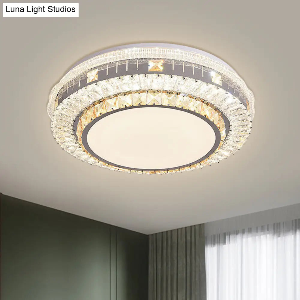 Clear Led Crystal Block Light Fixture - Modern Round Stainless-Steel Flush Mount For Great Room