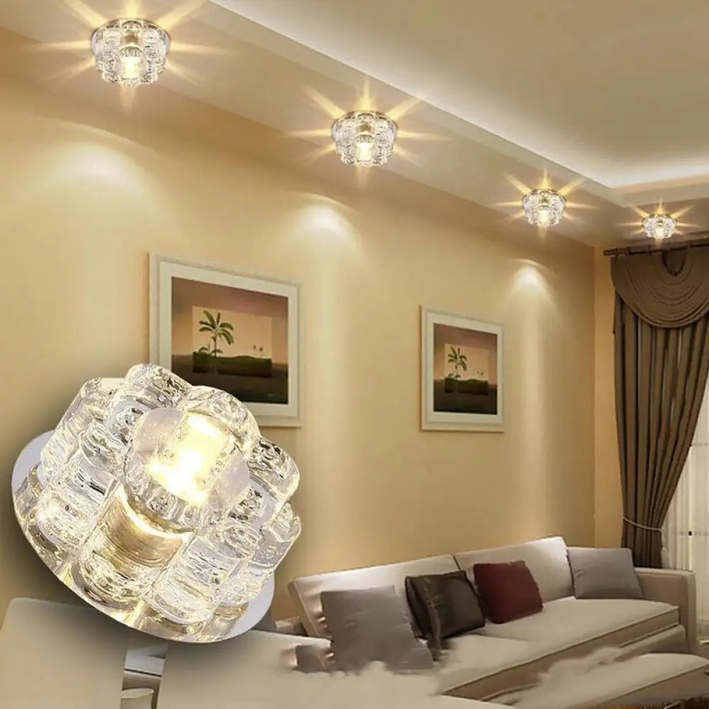 Clear Led Floral Crystal Flush Light - Stylish Ceiling Fixture For Living Room / 3W Warm