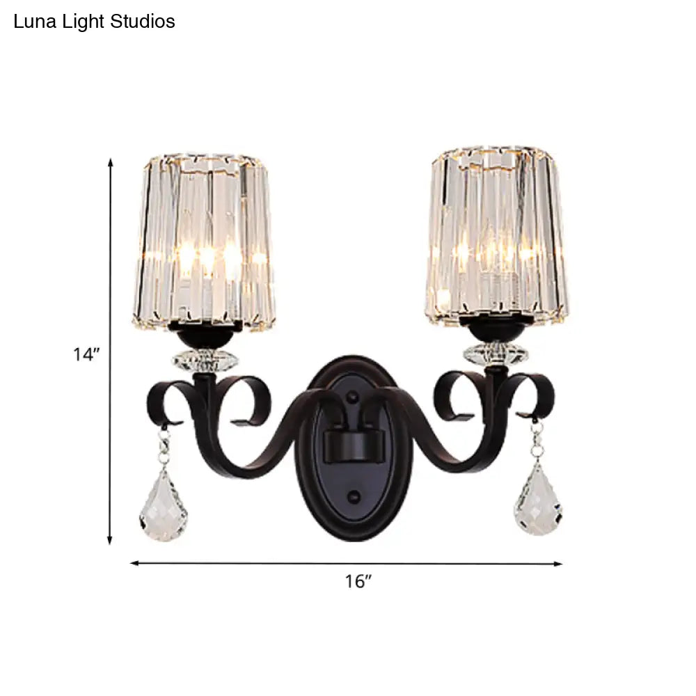 Clear Prismatic Crystal Sconce - Modern Black Cylinder Wall Mount Lamp For Living Room