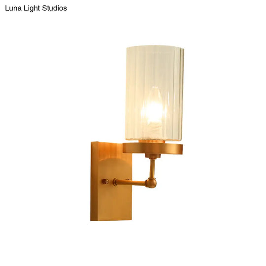 Clear Ribbed Glass Cylinder Wall Sconce In Gold - Bedroom Lighting Fixture