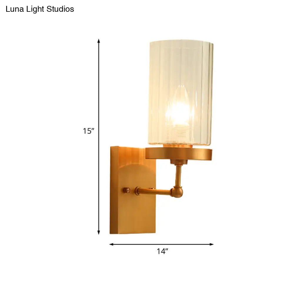 Clear Ribbed Glass Cylinder Wall Sconce In Gold - Bedroom Lighting Fixture