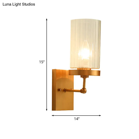 Clear Ribbed Glass Cylinder Wall Sconce In Gold - Bedroom Lighting Fixture