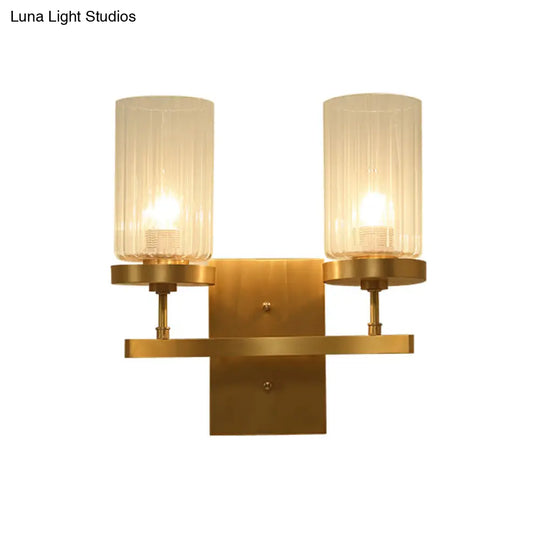 Clear Ribbed Glass Cylinder Wall Sconce In Gold - Bedroom Lighting Fixture