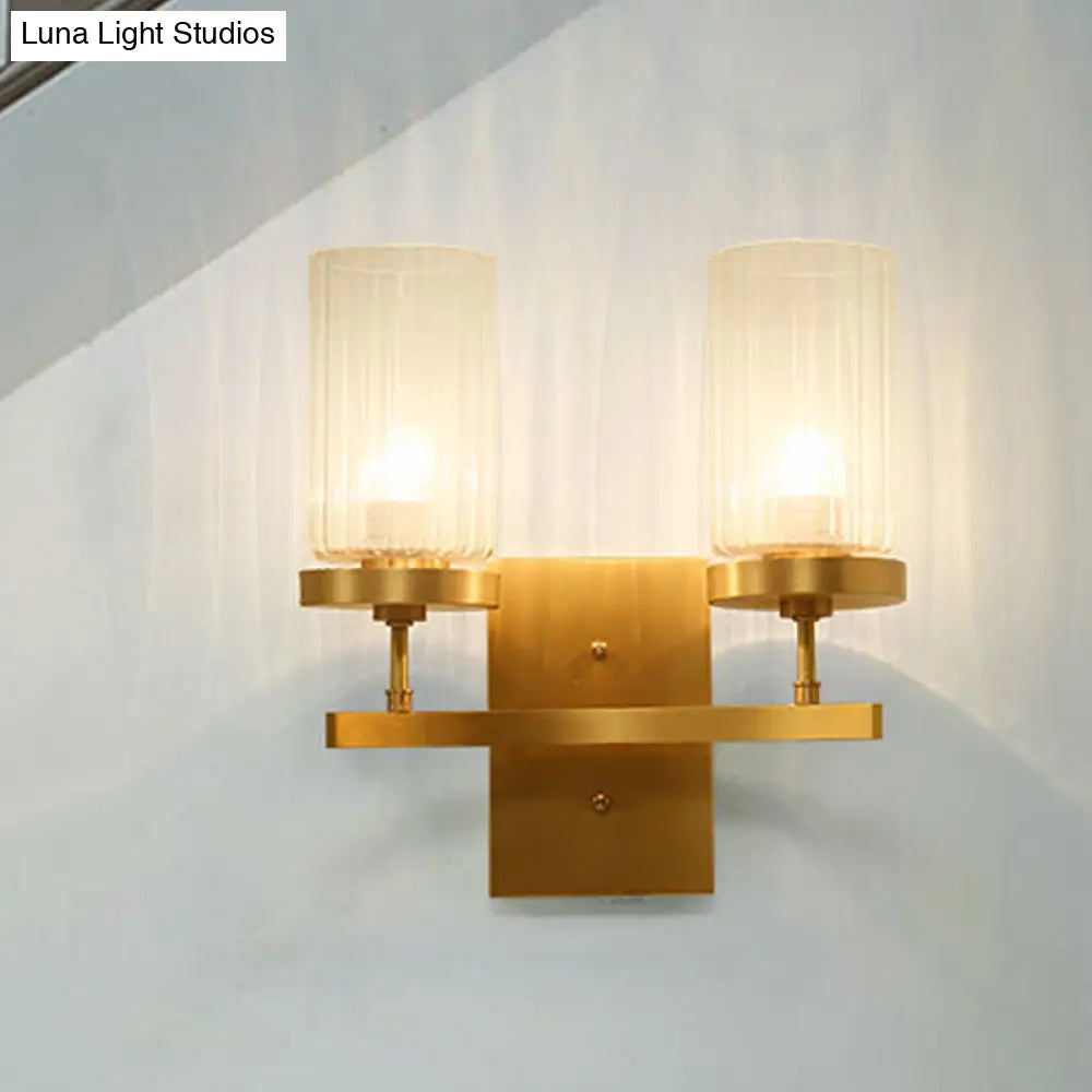 Clear Ribbed Glass Cylinder Wall Sconce In Gold - Bedroom Lighting Fixture