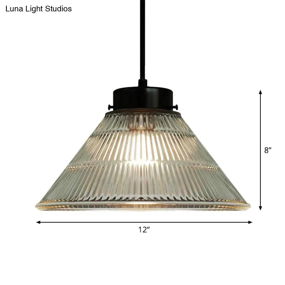 Clear Ribbed Glass Pendant Ceiling Light - Retro Style Tapered Design Ideal For Restaurants 1 Head