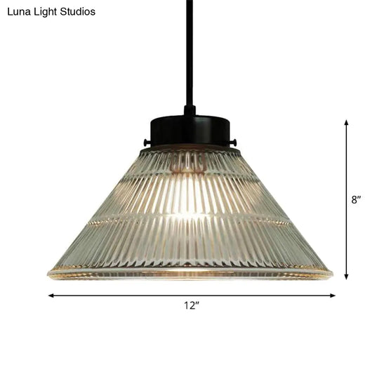 Clear Ribbed Glass Pendant Ceiling Light - Retro Style Tapered Design Ideal For Restaurants 1 Head