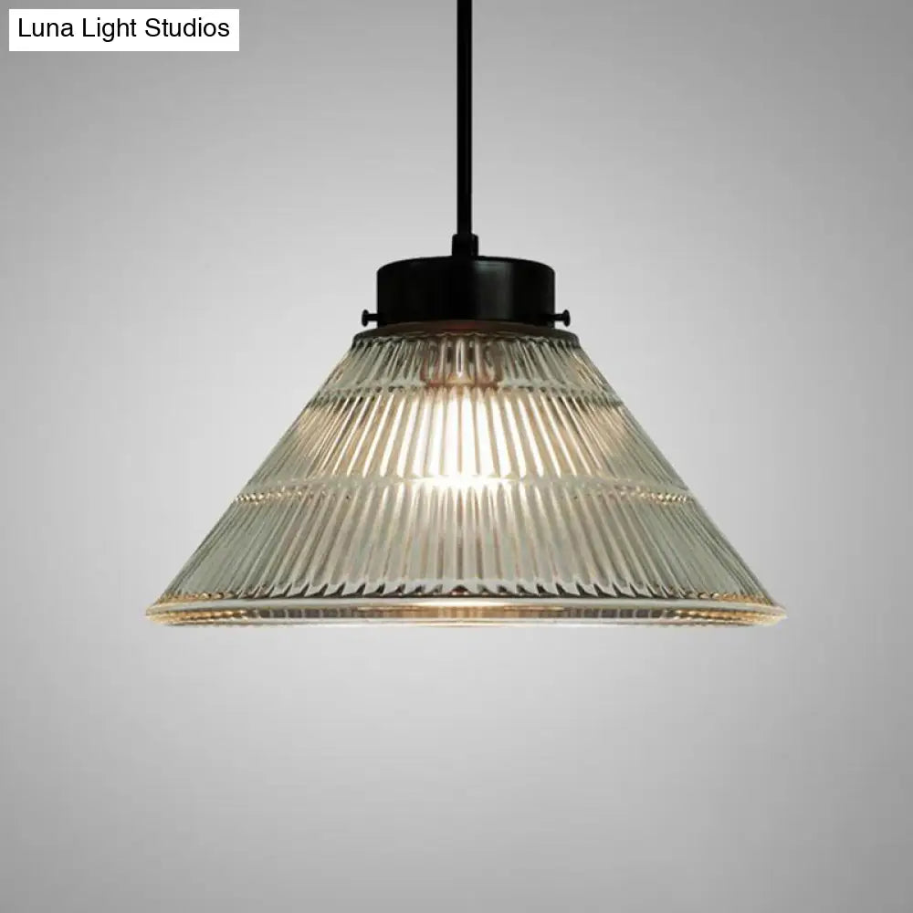 Clear Ribbed Glass Pendant Ceiling Light - Retro Style Tapered Design Ideal For Restaurants 1 Head