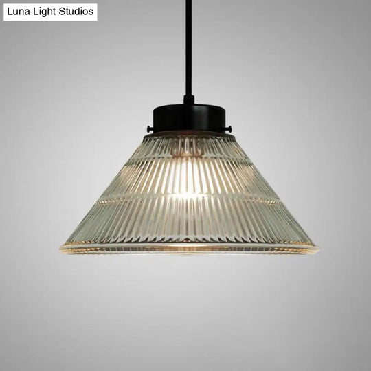 Clear Ribbed Glass Pendant Ceiling Light - Retro Style Tapered Design Ideal For Restaurants 1 Head