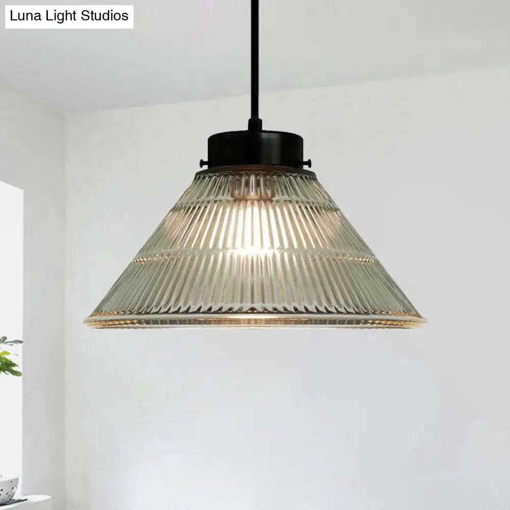 Retro-Style Clear Ribbed Glass Suspension Pendant Light For Restaurants - 1 Head Tapered Design