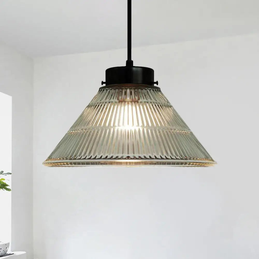 Clear Ribbed Glass Pendant Ceiling Light - Retro Style Tapered Design Ideal For Restaurants 1 Head