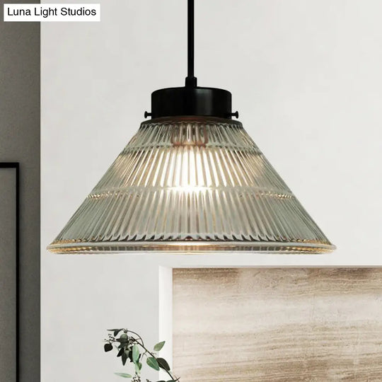 Retro-Style Clear Ribbed Glass Suspension Pendant Light For Restaurants - 1 Head Tapered Design