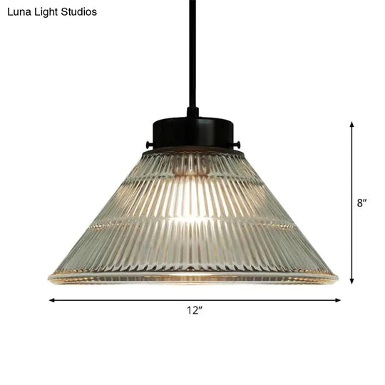 Retro-Style Clear Ribbed Glass Suspension Pendant Light For Restaurants - 1 Head Tapered Design