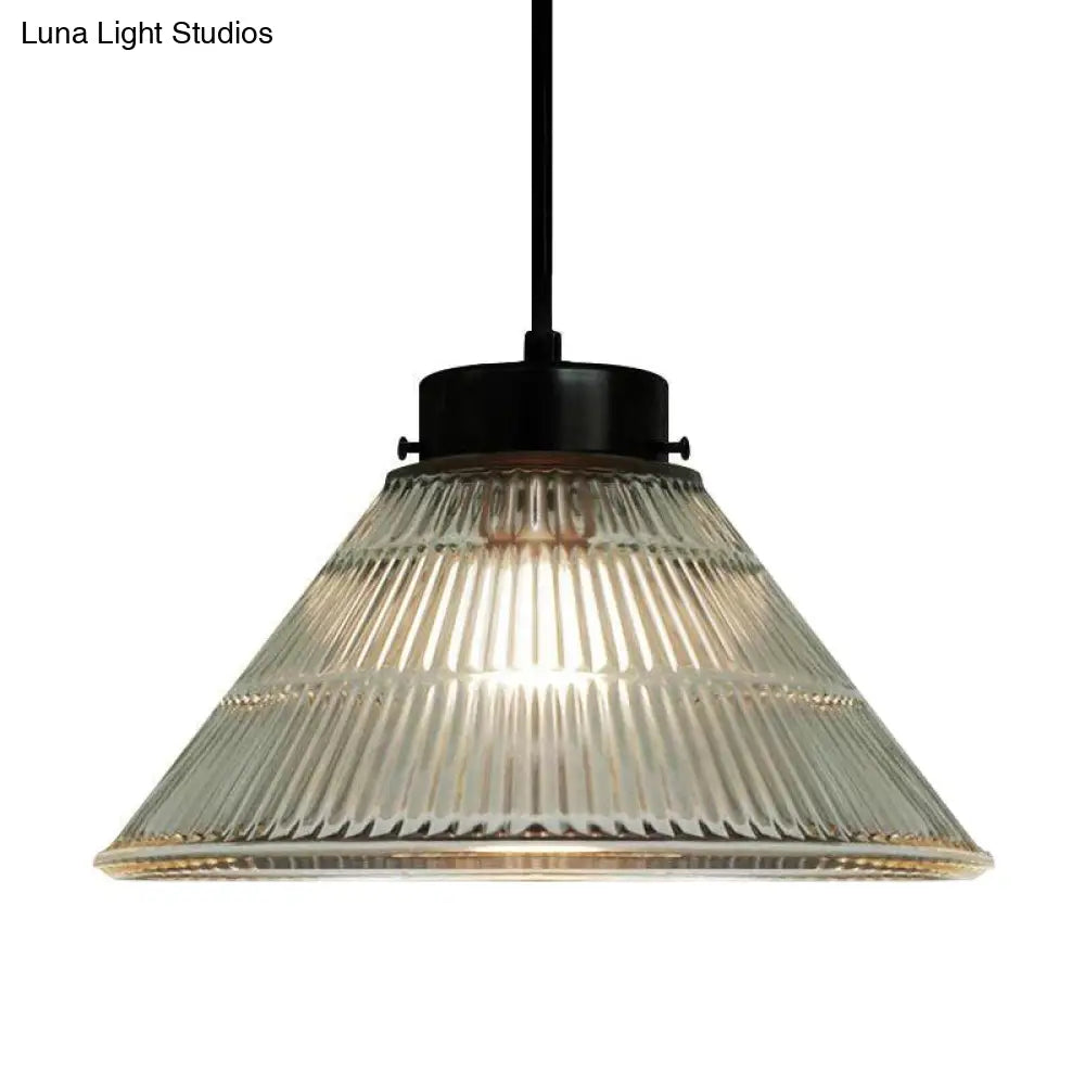 Retro-Style Clear Ribbed Glass Suspension Pendant Light For Restaurants - 1 Head Tapered Design