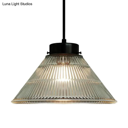 Clear Ribbed Glass Pendant Ceiling Light - Retro Style Tapered Design Ideal For Restaurants 1 Head