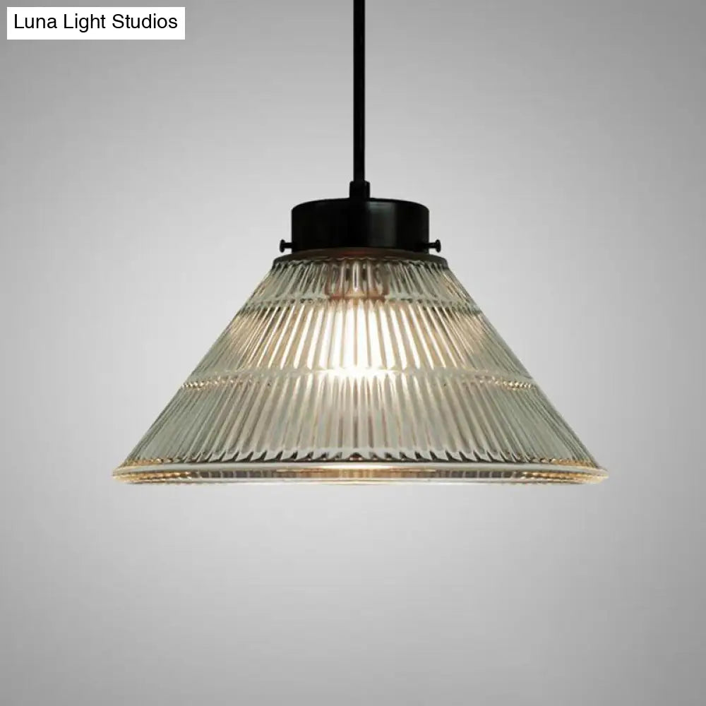 Retro-Style Clear Ribbed Glass Suspension Pendant Light For Restaurants - 1 Head Tapered Design