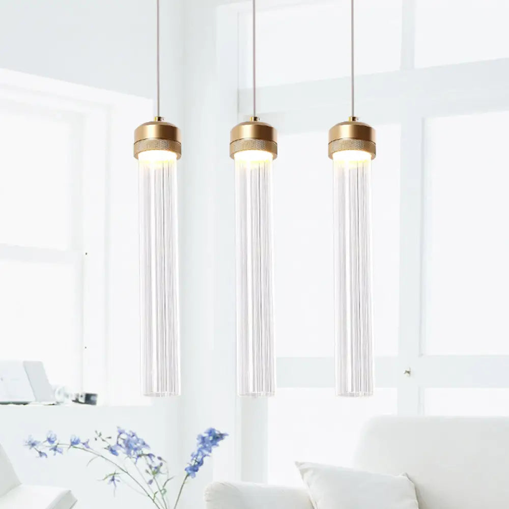 Clear Ribbed Glass Pendant With Gold Finish And Crystal Accents - Island Light 3 / Warm