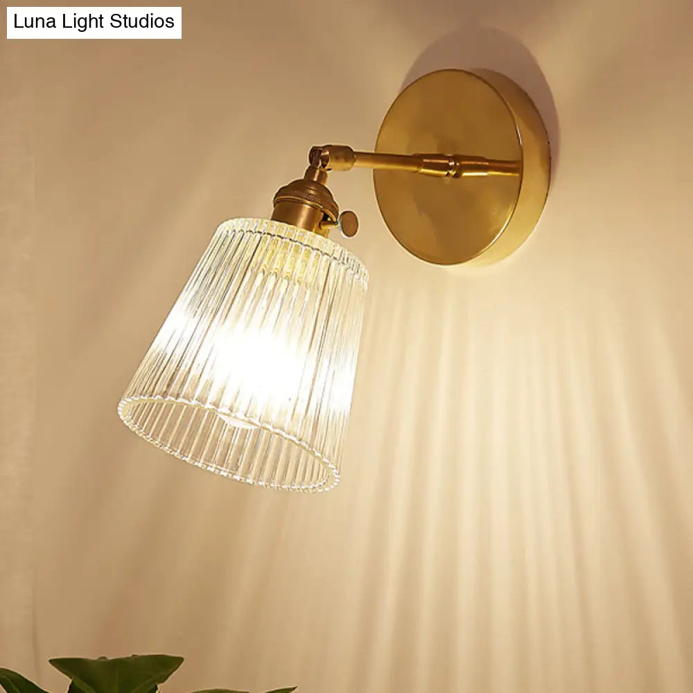 Clear Ribbed Glass Wall Sconce Light - Industrial Brass Cone Fixture For Living Room Lighting 1