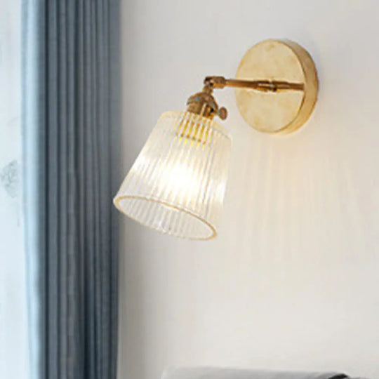 Clear Ribbed Glass Wall Sconce Light - Industrial Brass Cone Fixture For Living Room Lighting 1