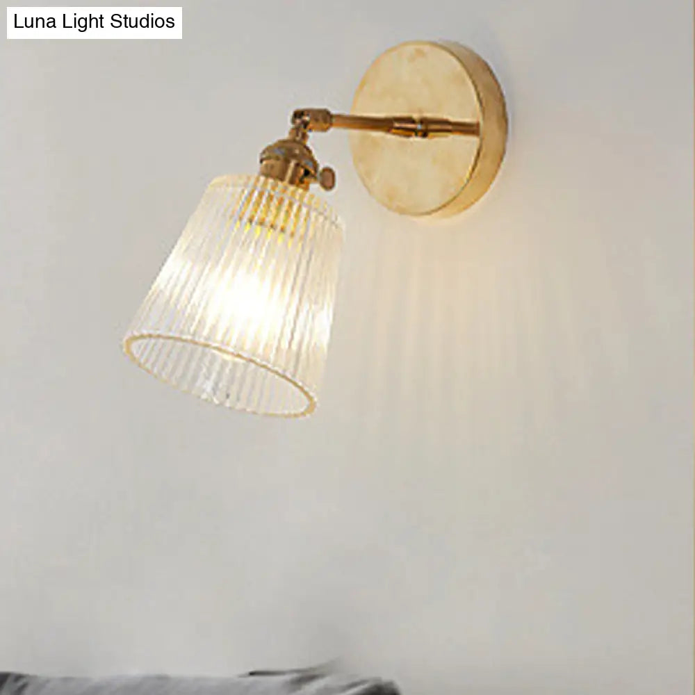 Clear Ribbed Glass Wall Sconce Light - Industrial Brass Cone Fixture For Living Room Lighting 1