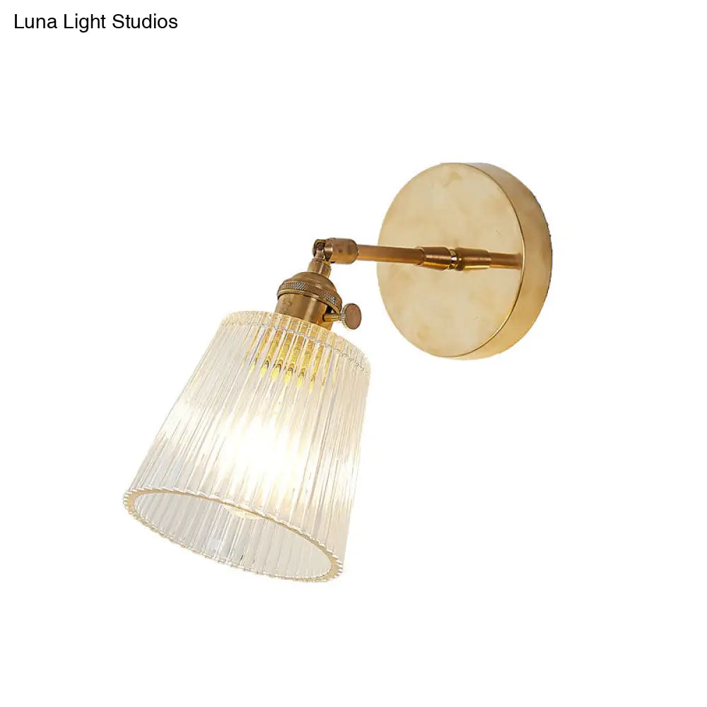 Clear Ribbed Glass Wall Sconce Light - Industrial Brass Cone Fixture For Living Room Lighting 1