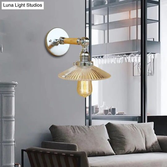 Clear Ribbed Glass Wall Sconce Light With Industrial Chrome Cone Wooden Arm - 1 8/4/6 Wide Living