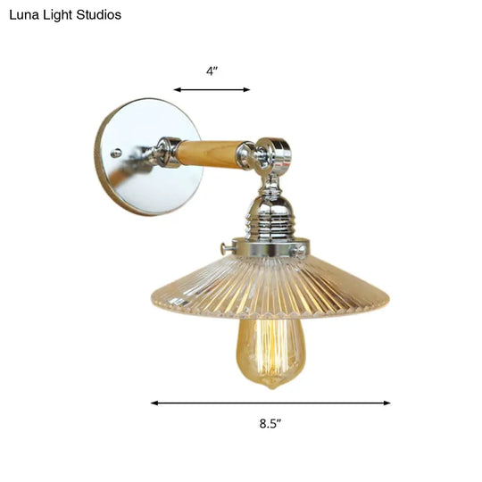 Clear Ribbed Glass Wall Sconce Light With Industrial Chrome Cone Wooden Arm - 1 8/4/6 Wide Living