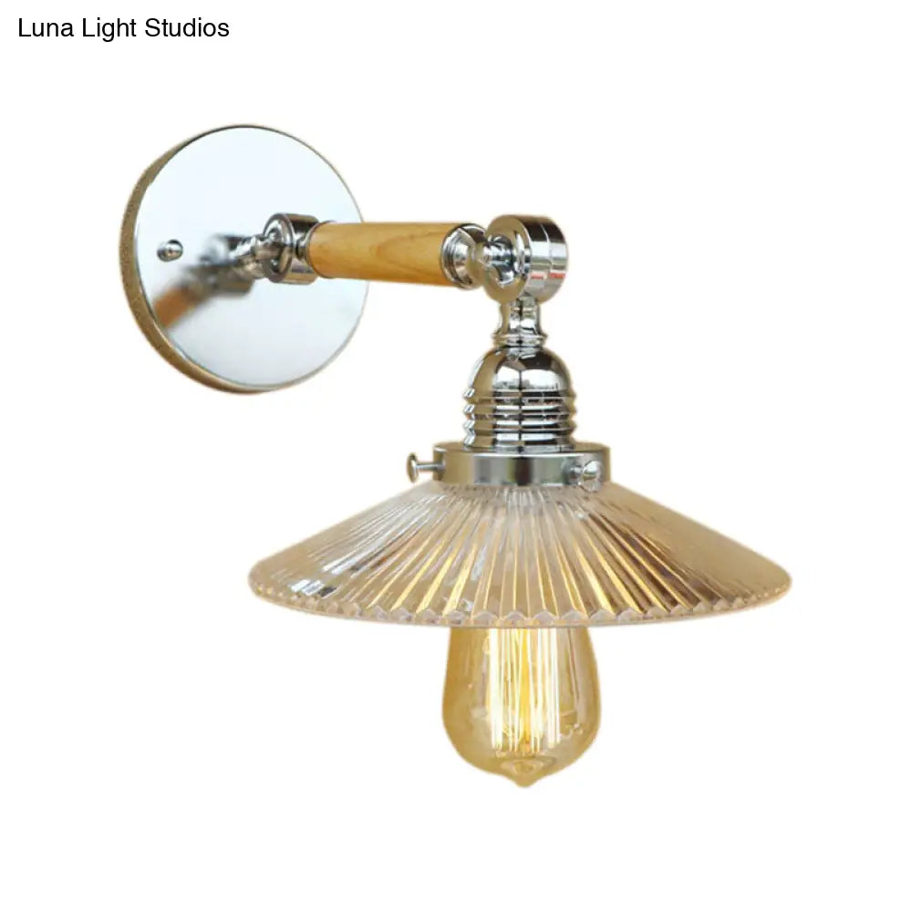 Clear Ribbed Glass Wall Sconce Light With Industrial Chrome Cone Wooden Arm - 1 8/4/6 Wide Living