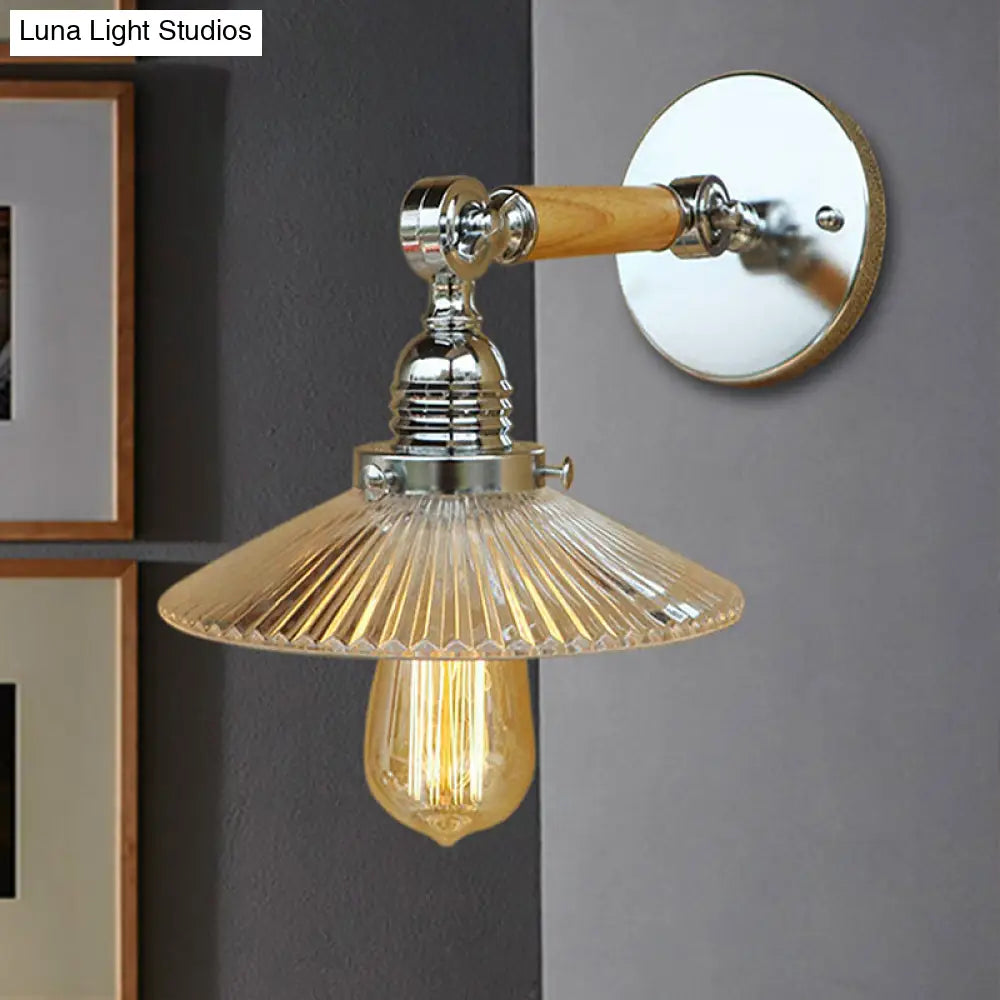 Clear Ribbed Glass Wall Sconce Light With Industrial Chrome Cone Wooden Arm - 1 8/4/6 Wide Living