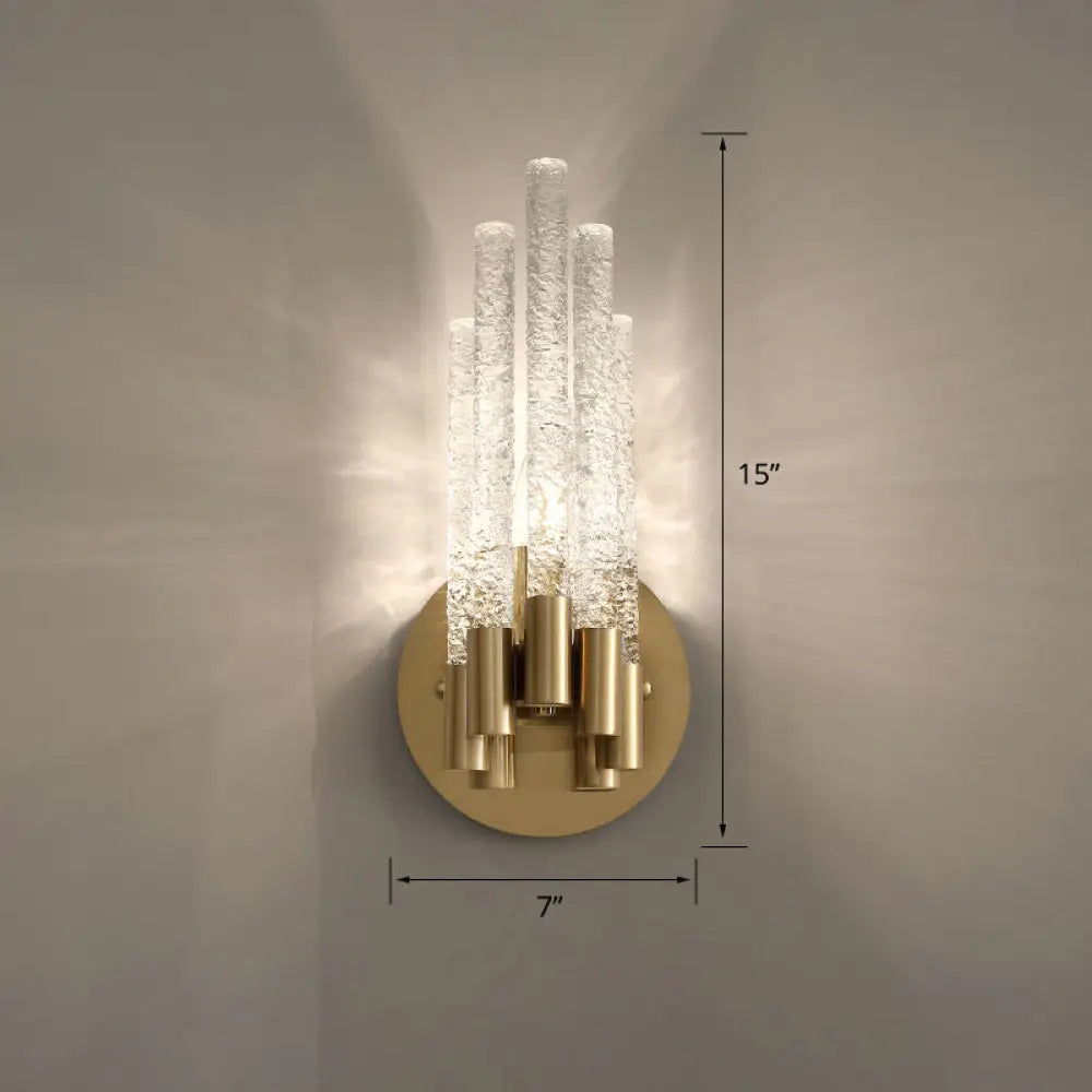 Clear Rippled Crystal 2-Head Tubular Sconce Wall Light In Brass - Simple Style For Bedroom Lighting