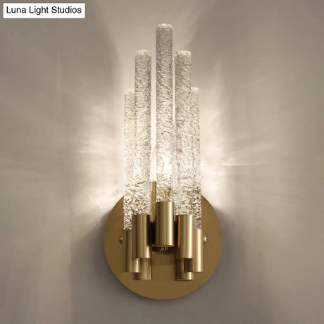 Clear Rippled Crystal 2-Head Tubular Sconce Wall Light In Brass - Simple Style For Bedroom Lighting