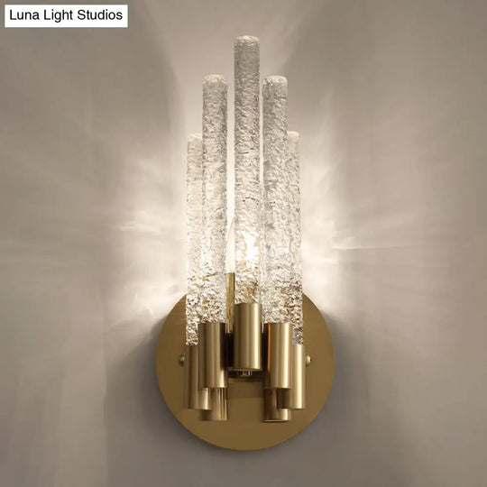 Clear Rippled Crystal 2-Head Tubular Sconce Wall Light In Brass - Simple Style For Bedroom Lighting