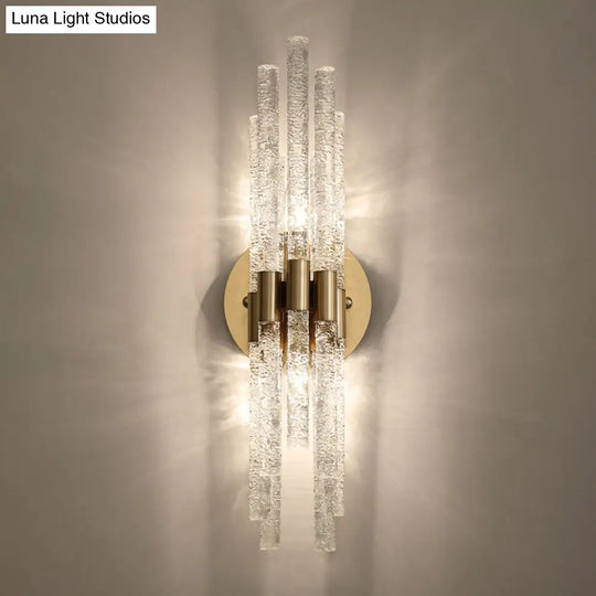 Clear Rippled Crystal 2-Head Tubular Sconce Wall Light In Brass - Simple Style For Bedroom Lighting