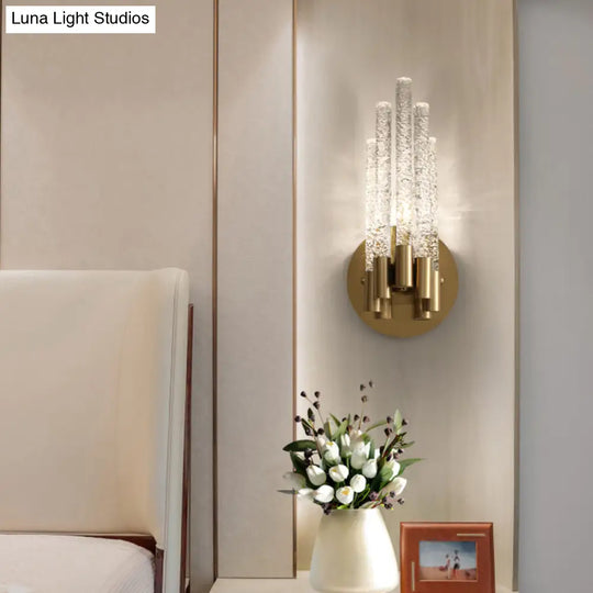 Clear Rippled Crystal 2-Head Tubular Sconce Wall Light In Brass - Simple Style For Bedroom Lighting