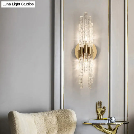 Clear Rippled Crystal 2-Head Tubular Sconce Wall Light In Brass - Simple Style For Bedroom Lighting