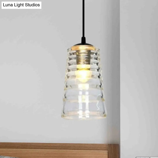 Modernist Clear Ruffle Glass Pendant Lamp - Cone/Dome/Flared Design 1-Light Black Ceiling Hanging