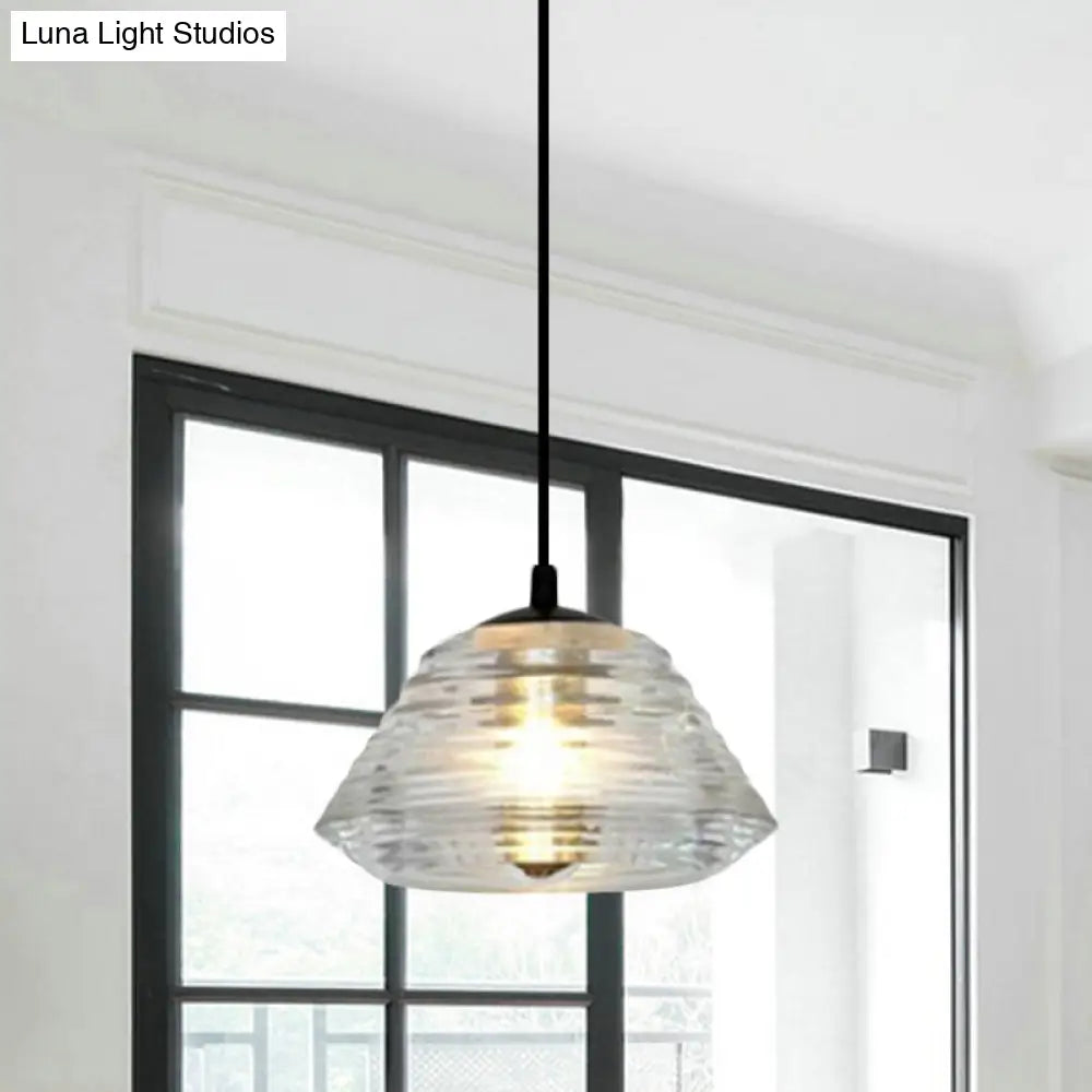 Modernist Clear Ruffle Glass Pendant Lamp - Cone/Dome/Flared Design 1-Light Black Ceiling Hanging