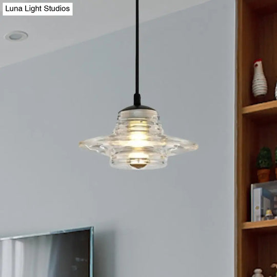 Clear Ruffle Glass Pendant Lighting - Modernist Cone/Dome/Flared Design 1 Light Black Ceiling Lamp