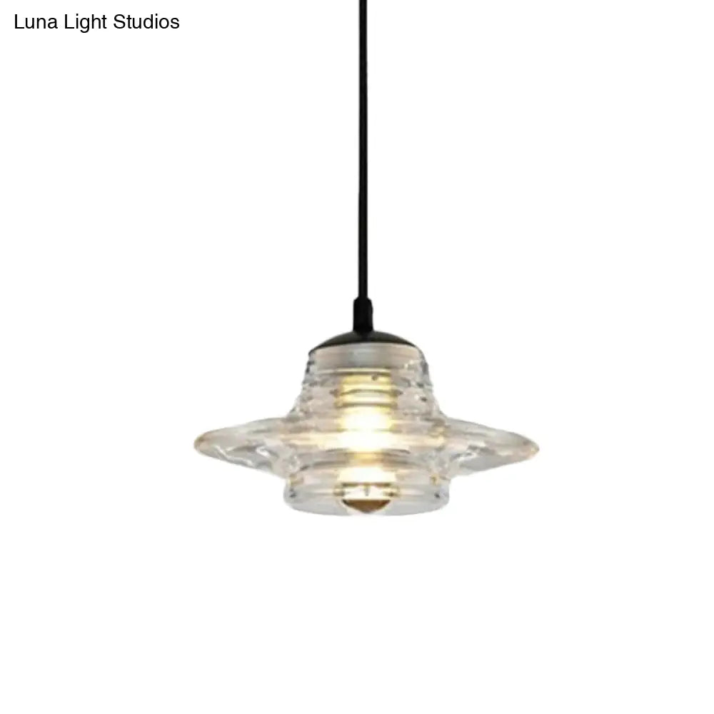 Modernist Clear Ruffle Glass Pendant Lamp - Cone/Dome/Flared Design 1-Light Black Ceiling Hanging