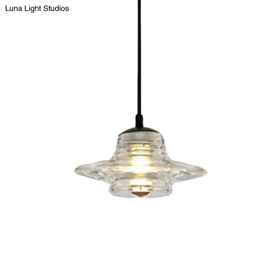 Modernist Clear Ruffle Glass Pendant Lamp - Cone/Dome/Flared Design 1-Light Black Ceiling Hanging