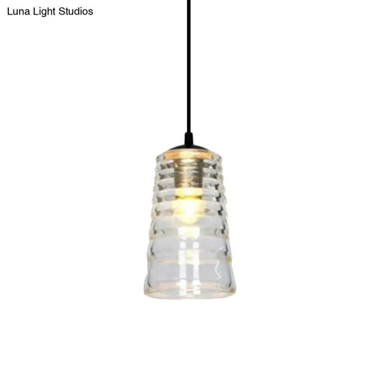 Modernist Clear Ruffle Glass Pendant Lamp - Cone/Dome/Flared Design 1-Light Black Ceiling Hanging