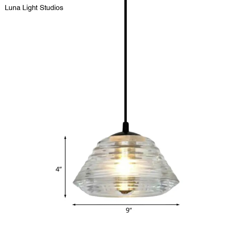 Modernist Clear Ruffle Glass Pendant Lamp - Cone/Dome/Flared Design 1-Light Black Ceiling Hanging