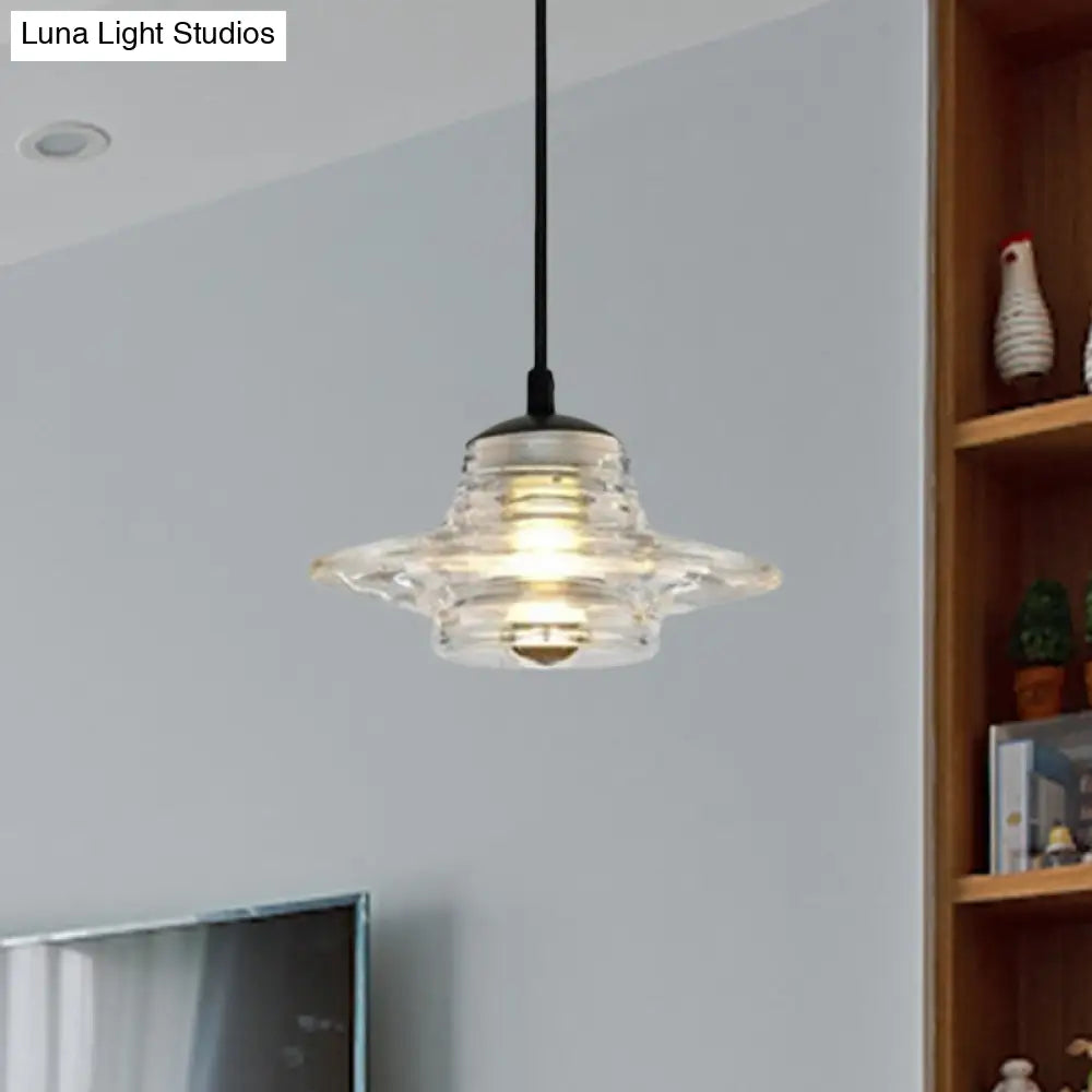 Modernist Clear Ruffle Glass Pendant Lamp - Cone/Dome/Flared Design 1-Light Black Ceiling Hanging